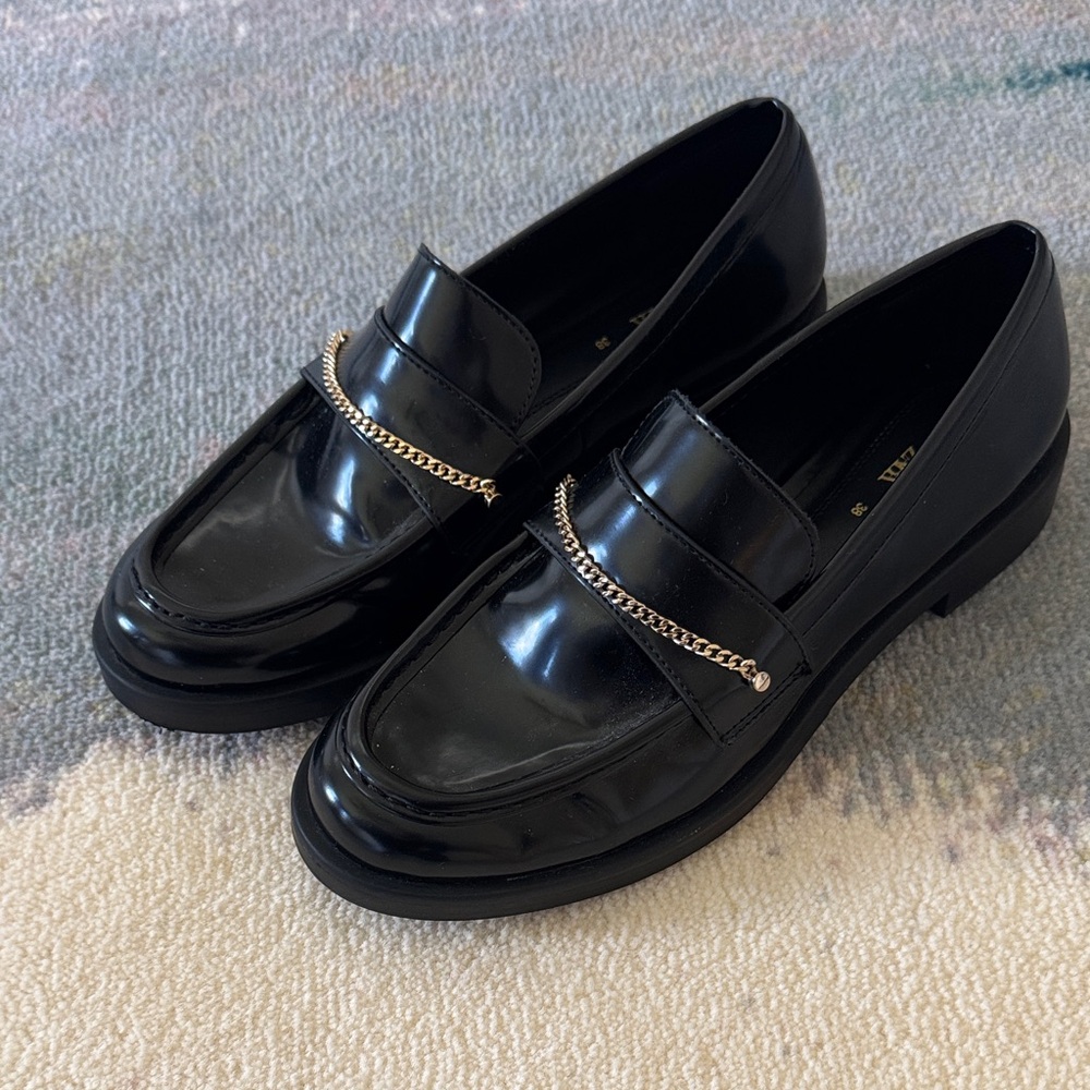 Zara Black Loafers with Silver Chain Detail